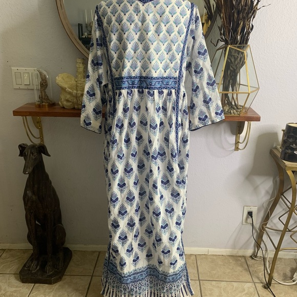 Novica Blue and White Cotton Maxi Printed 3/4 Sleeve Dress Size XXL - Picture 3 of 5